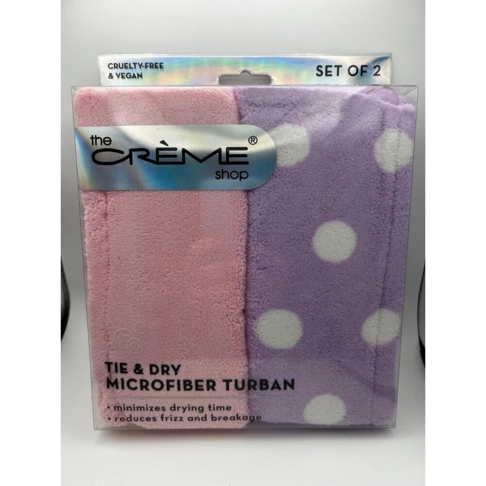 The Crème Shop Tie & Dry Microfiber Hair Turban Towel Set of 2 Pink Purple Polka
